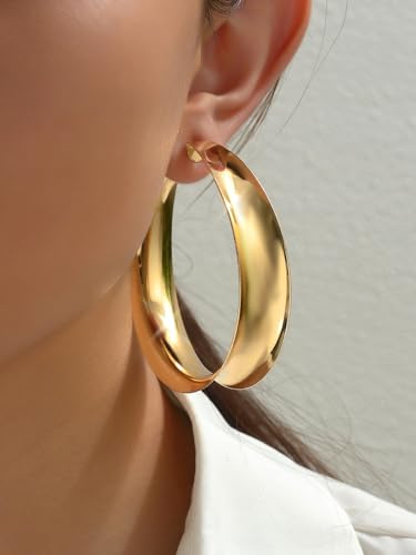 Big Gold Chunky Hoops Earrings for Women Trendy Large Wide Post Thick Drop Dangle Earrings Minimalist Statement Earrings Party Jewelry Gift - color: Big-Gold
