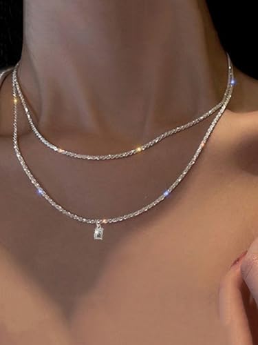 Minimal Double Layer Chain Necklace in Gold or Silver Tone, Lightweight Collar Chain for Everyday Layering - color: Silver, style: Square Pendant