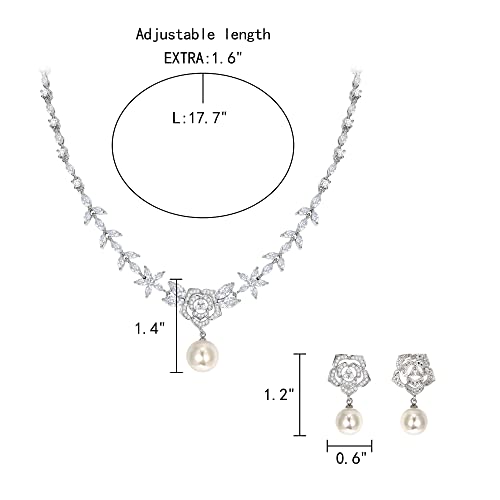 EleQueen Women's Simulated Pearl Wedding Jewelry Set for Brides | Cubic Zirconia Necklace Earrings Bracelet Set for Brides Bridesmaids, Bridal Jewelry Set for Anniversary/Memorial Day - style: Rose Flower Pearl Jewelry Set