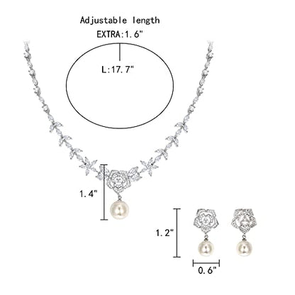 EleQueen Women's Simulated Pearl Wedding Jewelry Set for Brides | Cubic Zirconia Necklace Earrings Bracelet Set for Brides Bridesmaids, Bridal Jewelry Set for Anniversary/Memorial Day - style: Rose Flower Pearl Jewelry Set