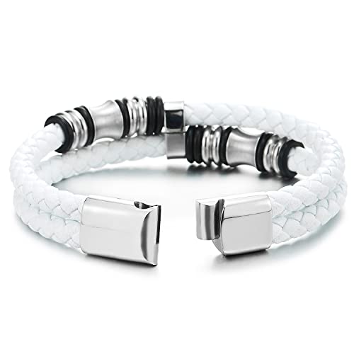 COOLSTEELANDBEYOND Mens Double-Row Braided Leather Bracelet Bangle Wristband with Black Stainless Steel Ornaments - color: J-White Silver