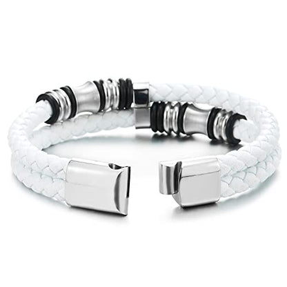 COOLSTEELANDBEYOND Mens Double-Row Braided Leather Bracelet Bangle Wristband with Black Stainless Steel Ornaments - color: J-White Silver