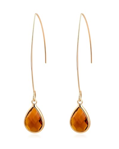 Long 14K Gold Plated Brown Teardrop Stone Dangle and Drop Vintage Earrings Crystal Lightweight Earrings for Women