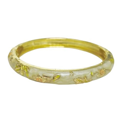 Cloisonne Bracelet For Women, Chunky Bangle Trendy Cute Flower Enamel Bangles Multi Tone Engraved Cuff Gold Plated Bracelets Stackable Wife Jewelry Friendship Gift - color: Light Yellow