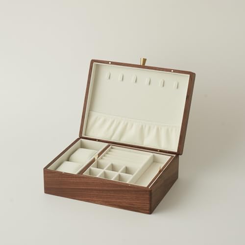 Black Walnut Wood Jewelry Box, No Lock | Velvet Lining, Personalized Ring and Necklace Box, For Women and Girls, Brass Handle - style: Vintage