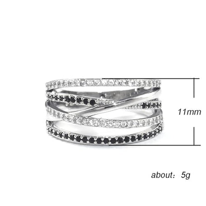 PAVOOI 14K Gold Plated X Ring Simulated Diamond CZ Criss Cross Ring for Women Juude Jewelers Silver Rose Gold Braided Wrap Knot Style Promise Statement Cocktail Party Ring(Silver Black-US Code-6) - color: Silver Black, size: (US Code-6)