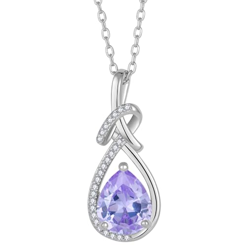 Infinity Teardrop Necklace Silver Tone Pendant Birthstone Jewelry for Women - color: Light Lavender