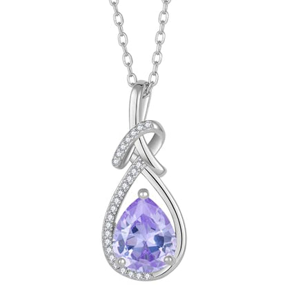 Infinity Teardrop Necklace Silver Tone Pendant Birthstone Jewelry for Women - color: Light Lavender