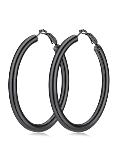 FaithHeart Silver/Black/Gold Stainless Steel Chunky Hoop Earrings for Women | Hypoallergenic Lightweight Hoop Earrings, Trendy Statement Thick Hoop, 20/30/40/50/60/70/80mm - color: Black, size: 60mm