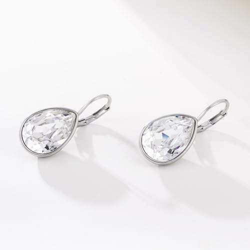 Xuping Jewelry Huggies Crystal Teardrop Earrings for Women Clear Crystals Leverback Silver Earring Fashion Party Jewelry Gifts - color: White