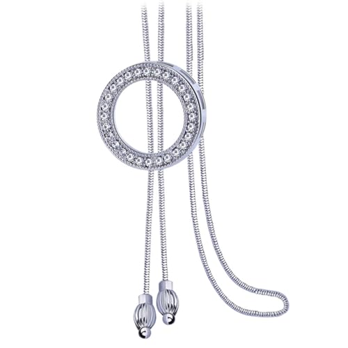 Long Sweater Necklace for Women, Silver Tone Crystal Circle Pendant, Elegant Snake Chain Fashion Jewelry for Dress & Top