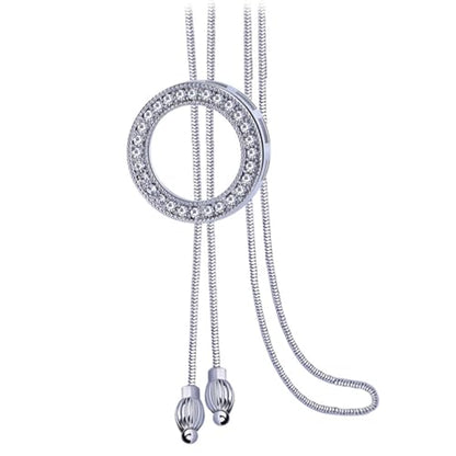 Long Sweater Necklace for Women, Silver Tone Crystal Circle Pendant, Elegant Snake Chain Fashion Jewelry for Dress & Top