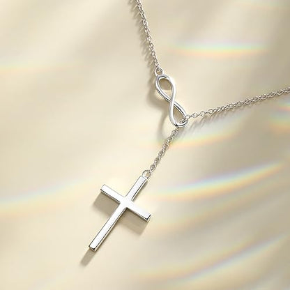 FANCIME White Gold Plated 925 Sterling Silver High Polished Infinity Cross Pendant Lariat Necklace Y Necklace Gift for Women, 18" - color: Y cross