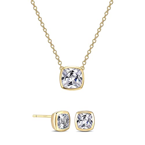 925 Sterling Silver Cubic Zirconia Necklace and Earrings Set for Women, Heart, Cushion, Round, Emerald Cut CZ, Solitaire Bezel Jewelry Set, CZ Bridal Jewelry Set, Bridesmaid Gift - style: Cushion Cut