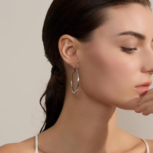 Lightweight Oval Hoop Earrings for Women - 14K Gold Plated, Rose Gold Plated and Sterling Silver Plated Large Oblong Hoop Earrings for Women Statement Jewelry Gift - color: silver