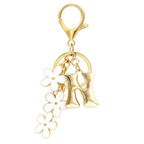 Floral Series Initial Bag Charm, Cute Flower & Bubble Letter Purse Charms, Keychain Accessories Gift for Women - color: White Flower, style: N