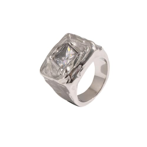 Fashion Square CZ Chunky Statement Ring for Women Size 7 | Stainless Steel, Hammered Textured, Rough, Geometric Crystal, Wide Stacking, Wedding Engagement Eternity Band, Dainty Jewelry - color: Silver