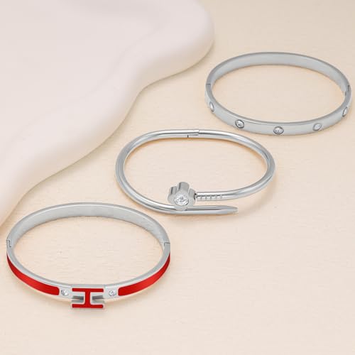 3Pcs Gold Bracelets for Women 14K Gold Plated Love/H/Nail Bangle Bracelet Dainty Non Tarnish Bracelet Jewelry Christmas Mothers Day Gifts for Women - color: 3Pcs Silver/Red H bracelet
