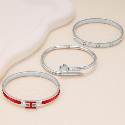 3Pcs Gold Bracelets for Women 14K Gold Plated Love/H/Nail Bangle Bracelet Dainty Non Tarnish Bracelet Jewelry Christmas Mothers Day Gifts for Women - color: 3Pcs Silver/Red H bracelet