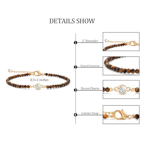 Raicegs Anklets for Women Handmade Beach Boho Ankle Bracelet 3mm Natural Stone Beaded Ankle Bracelet 14K Gold Plated Zircon Pendant Adjustable Crystal Gemstone Anklet Jewelry Gift for Her - color: Tiger’s Eye