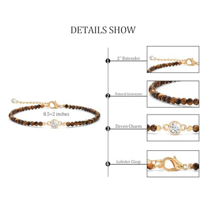 Raicegs Anklets for Women Handmade Beach Boho Ankle Bracelet 3mm Natural Stone Beaded Ankle Bracelet 14K Gold Plated Zircon Pendant Adjustable Crystal Gemstone Anklet Jewelry Gift for Her - color: Tiger’s Eye
