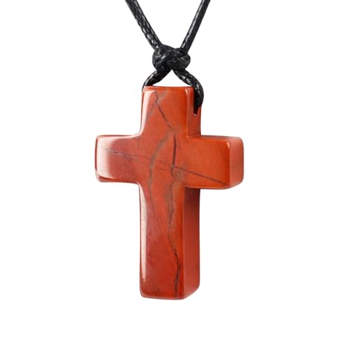 FANASY Natural Gemstone Pendant Necklace for Men Healing Crystal Pendant Adjustable Black Rope Necklace Jewelry Gifts for Women Men - color: X- Cross Red Jasper-1