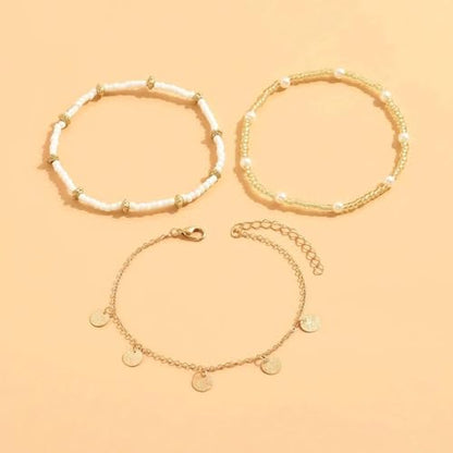 Qceasiy Shell Ankle Bracelets for Women, Boho Beaded Beach Anklet Set | Seashell, Heart, Starfish and Conch Styles, Gold-Tone, Stretch or Adjustable Fit, Layered Beach Vacation Jewelry Gifts - color: Gold 1