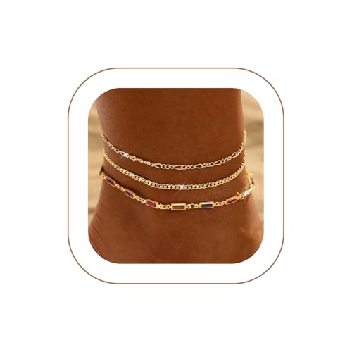 Ankle Bracelets for Women 14K Gold/Silver Plated Cross Heart Bead Anklet Waterproof Adjustable Chain Non Tarnish Cute Boho Trendy Dainty Summer Beach Foot Jewelry Gift for Her - style: 3 Layered Cuban&Figaro-GD