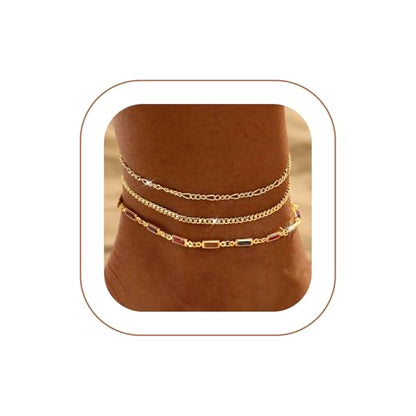 Ankle Bracelets for Women 14K Gold/Silver Plated Cross Heart Bead Anklet Waterproof Adjustable Chain Non Tarnish Cute Boho Trendy Dainty Summer Beach Foot Jewelry Gift for Her - style: 3 Layered Cuban&Figaro-GD