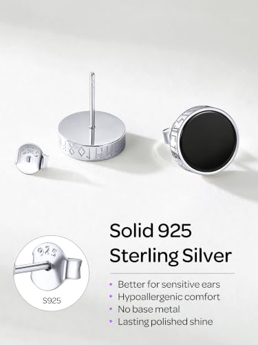 ChicSilver 925 Sterling Silver Viking Rune Natural Black Onyx Stud Earrings For Women Men - style: A: Side Runes-Silver 10mm