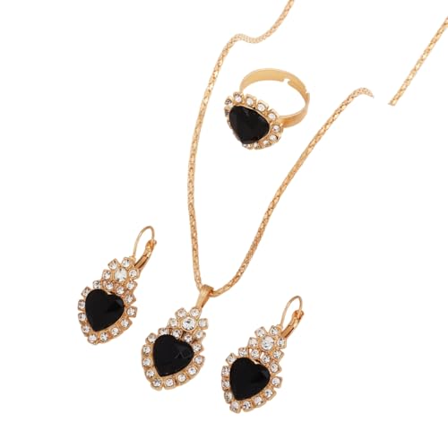Teardrop/Heart Crystal Jewelry Set for Women, Gold Tone Rhinestone Necklace Earrings Ring Set, Wedding Bridal Prom Party Jewelry Gift - color: Black (Heart)