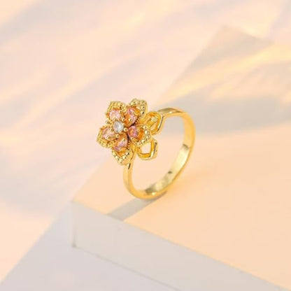 Sunflower Fidget Ring for Women Gold Anxiety Crystal Rings Cubic Zirconia Sunflower Open Adjustable Fidget Ring Spinner Sun Ring for Men Trendy Jewelry - color: Pink