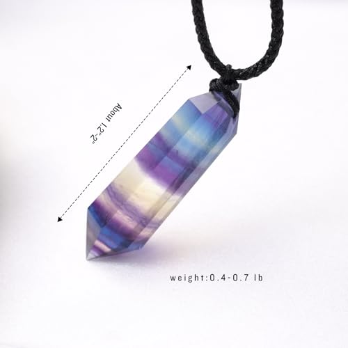 Runyangshi Rainbow Fluorite Healing Crystal Pendants, Double Pointed Natural Crystal Quartz Necklace 6 Faceted Chakra Crystal Wand Stone - color: Rainbow Fluorite