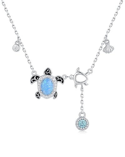 925-Sterling-Silver Sea Turtle Necklace for Women - Opal Turtle Pendant with Shell Bithday Mother's Day Christmas Ocean Theme Jewelry gift for Mom and Daughter