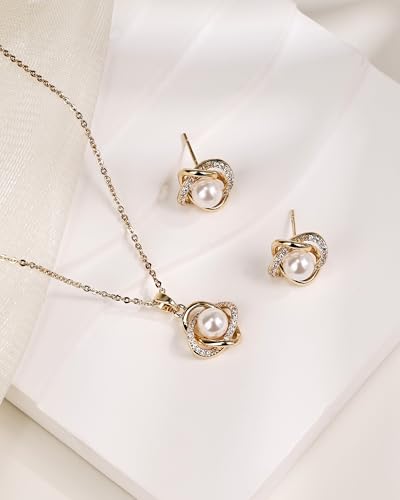 14K Gold Plated and Silver Pearl Jewelry Set for Women - Matching Pearl Necklace and Earring Set with Wrapped Design, June Birthstone Jewelry Set for Gift - color: Gold