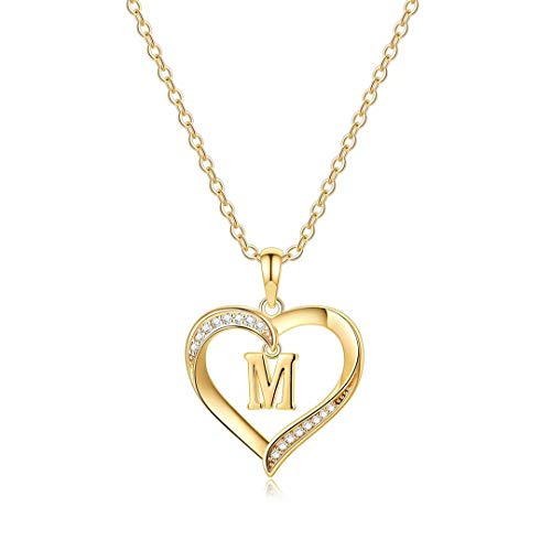 Yesteel Heart Initial Necklaces for Women, 14K Gold Plated Cubic Zirconia Heart Pendant Necklace, Dainty Initial Charm Necklace Letter A to Z Jewelry for Women Girls - style: M