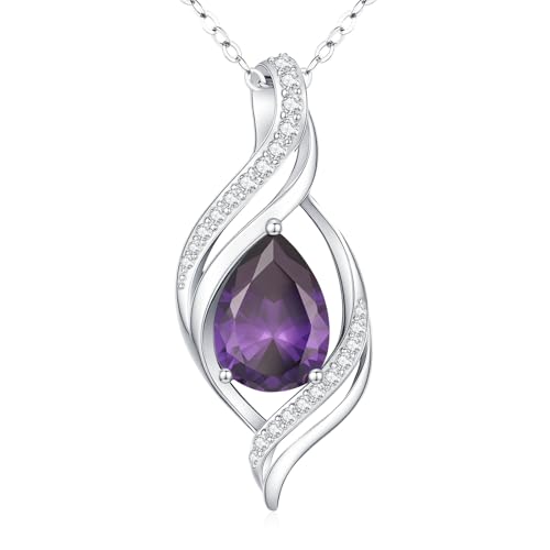 Birthstone Necklace for Women S925 Sterling Silver Teardrop | With Cubic Zirconia and Gemstones - Ideal Birthday Jewelry Gift for Her, Girlfriend, Wife, Mom on Birthday, Anniversary - color: 02 - Amethyst