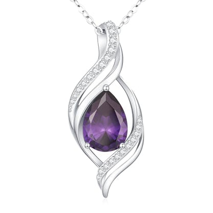 Birthstone Necklace for Women S925 Sterling Silver Teardrop | With Cubic Zirconia and Gemstones - Ideal Birthday Jewelry Gift for Her, Girlfriend, Wife, Mom on Birthday, Anniversary - color: 02 - Amethyst