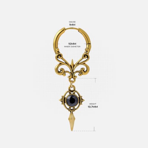 PUNKYOUTH Gothic Crest Dangle Drop Hoop Earrings Dark Alternative Piercing Jewelry 18G 1mm Antique Finish Ornate Scroll Cubic Zirconia Spike Statement Everyday Wear Accessories For Women Men - color: Crest earring-Gold