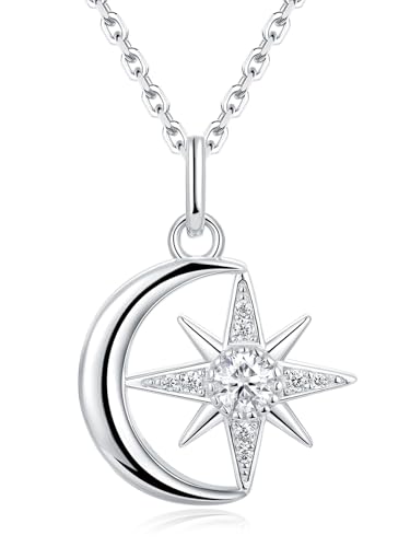 Color-D VVS1 Clarity Moissanite Star and Moon Necklace, 925 Sterling Silver Moonl Pendant with White Gold Plated, Birthday Christmas Valentine's Day Jewelry for Her - color: White Gold