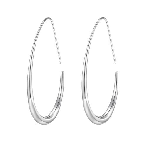 Lightweight Teardrop Hoop Earrings for Women - 14k Gold/White Gold Plated Large Oval Pull Through Hoop Earrings High Polished Statement Jewelry Gift for Women - color: Sliver 50*30