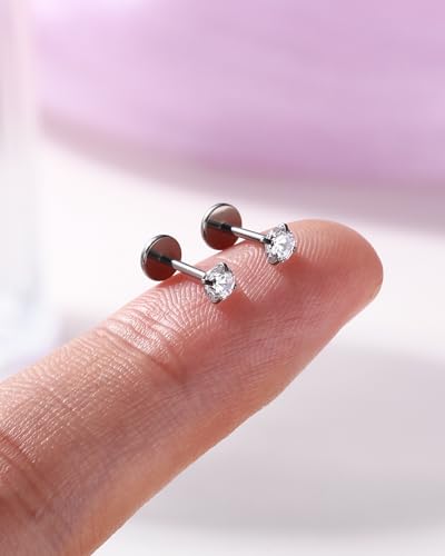 2PCS 20G/18G/16G Titanium Flat Back Nose Studs Internally Thread Cartilage Earring Studs Clear CZ Helix Tragus Earrings for Women Medusa Labret Stud Conch Piercing Jewelry Hypoallergenic - size: 0.8*6mm
