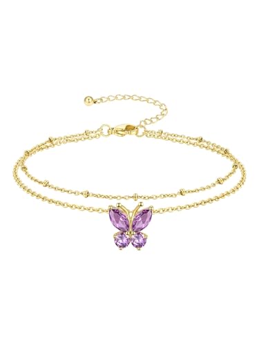 Richsteel Double Layer Heart/Butterfly Birthstone Anklet for Women | Non Tarnish Waterproof, Silver/Gold/Black Stainless Steel 8.5-10.5 Inch Adjustable Chain Anklets Summer Beach Foot Jewelry - color: Gold Butterfly-06 Jun.(Alexandrite)