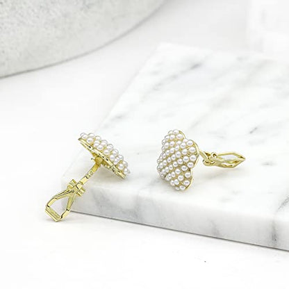 YOQUCOL Simulated Pearl Flower-Cluster Shape Clip On Stud Earrings Non Pierced Ear Earrings for Women - color: Four-leaf