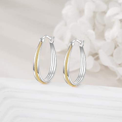 Small Sterling Silver Gold Hoop Earrings Oval Grooved Two Tone Hoops Earrings for Women - color: Two Tone Rope Hoops