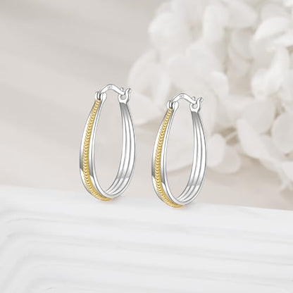 Small Sterling Silver Gold Hoop Earrings Oval Grooved Two Tone Hoops Earrings for Women - color: Two Tone Rope Hoops