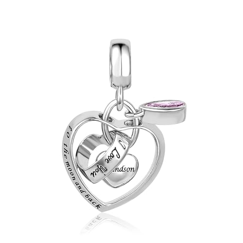 Interlocking Love Heart Dangle Charm fits Pandora Charms Bracelets with Pink Birthstone Cubic Zirconia I Love You to the Moon and Back - style: I Love You to the moon and back Grandson