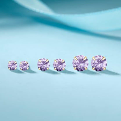 MASOP VOGU 3-5mm Sterling Silver Stud Earrings Set 14K White Gold Plated Hypoallergenic Tiny Round Cut CZ Cubic Zirconia Simulated Diamond Cartilage Studs for Women Men - color: I#Gold-3Pairs(3/4/5mm)-Purple CZ