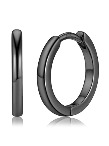 PROSTEEL Huggie Hoop Earrings For Women with 925 Sterling Silver Post | 8/10/12/14/16/18/20mm,14K Gold Plated/Black/Rose Gold/Silver Brass Lightweight Cubic Zirconia Cartilage Piercing Earring - color: 1. Black, size: 14mm