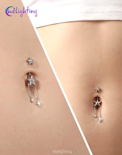 Melighting 14G Gold Belly Button Ring Dangle Chain, 10 mm Stainless Steel Belly Piercing Jewelry with CZ Heart Star Design, Cute Silver Navel Ring for Beach Daily Wear Women - color: Steel Star